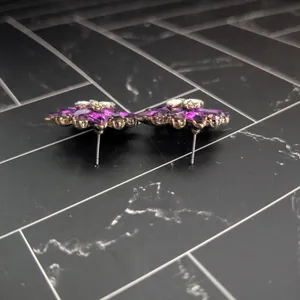 Vintage Stud Earrings 1.25" Purple & Clear Gems Regal Large Statement thumbnail 6