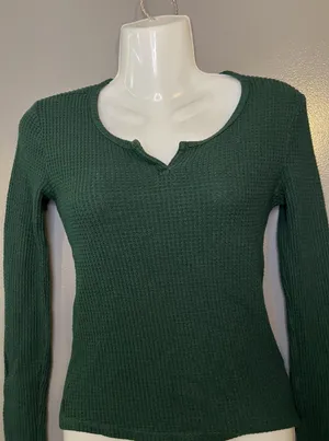 American Eagle Waffle Knit Shirt Womens Small Green Scoop Neck Long Sleeve Top thumbnail 1