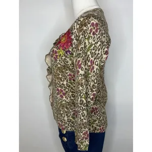 Anthropologie Sparrow Purrfect Posy Cardigan M Leopard Floral Ribbon Wool thumbnail 5