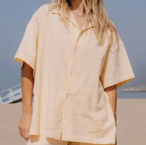 Daily Drills Seersucker Boxy Button Down Shirt Yellow White XS/S thumbnail 1