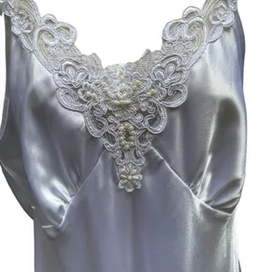 Vtg White Satin Lace Maxi Slip Dress L Bridal Nightgown Beaded Deadstock NWT thumbnail 7