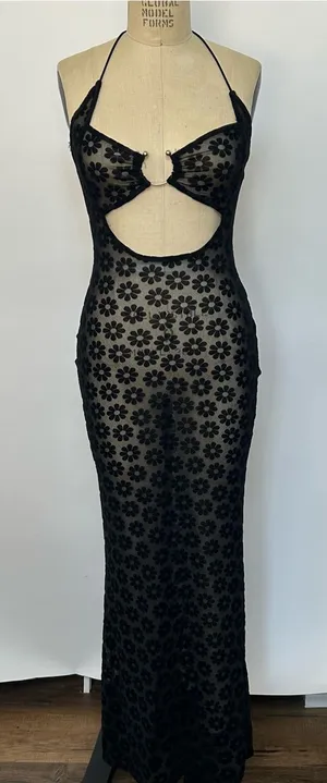 Sheer Floral Cutout Halter Maxi Dress - Black thumbnail 1