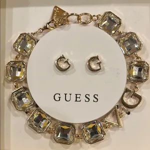 Guess Gold and Silver Sparkling Rhinestone Bracelet and G earrings Jewelry Set thumbnail 7