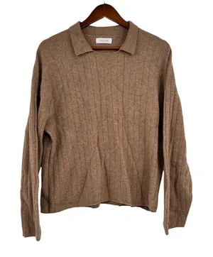 Naadam 100% cashmere brown tan pullover collared sweater women's size medium thumbnail 1