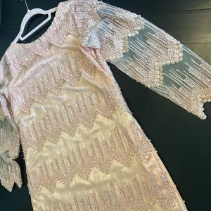 Peach Pink Beaded Sequin‎ High Low Formal Dress Long Sleeve Pearl Detail Gown thumbnail 14