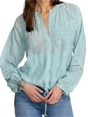 Johnny Was Women’s Size M Light Marine Blue Embroidered Drawstring Bomber Jacket thumbnail 3