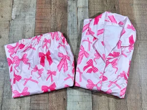Pink Bow Print Pajama Set Top Pants Long Sleeve Coquette Feminine Plus 2X thumbnail 1