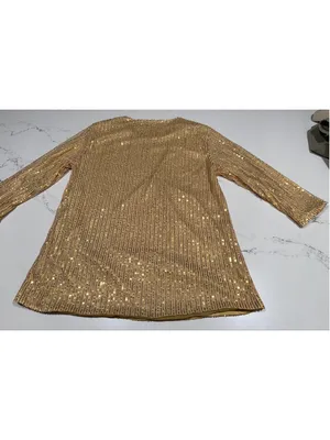 NEW Gold Sequins 3/4 Sleeve Vneck Lined Blouse Top L thumbnail 2