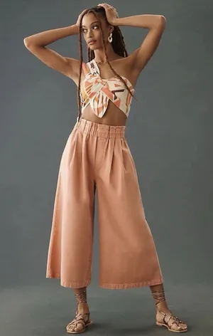 Anthropologie Pilcro High-Rise Ultra Wide Leg Crop Paperbag Peach Jean Size XL thumbnail 1