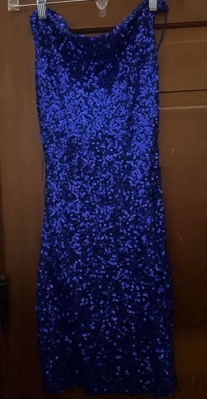 Lucy in the Sky blue sequin cowl neck mini dress, has straps that cross in the back, worn once for hoco thumbnail 1