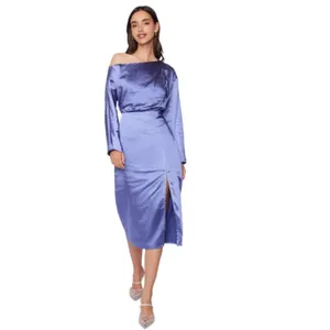 Lost + Wander Adria Purple Satin Off Shoulder Asymmetrical Midi Dress Size S NWT thumbnail 2
