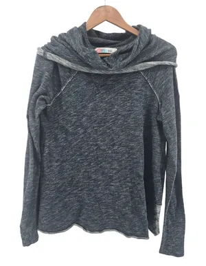 Free People FP Beach Pullover Womens M One Body Cowl Neck Blue Marled Raw Seam EUC thumbnail 1