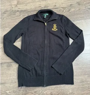EUC Womens VINTAGE Lauren Ralph Lauren sweater zip black emblem gold detail SZ M thumbnail 1