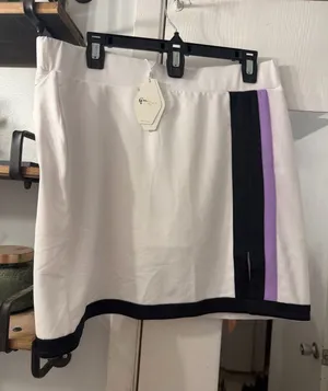 Greg Norman Collection White Mini Skort with Black and Lavender Stripes thumbnail 1