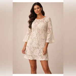 NEW Skies Are Blue NWT Cream Crochet Lined Lace Bell Sleeve Boho Dress ~ Medium thumbnail 3