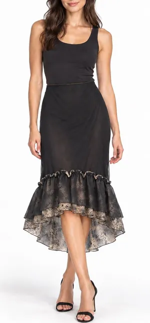 Whimsy Goth Black Mesh Midi Skirt Fairy-Grunge Romantic Floral Ruffle Y2K Sheer thumbnail 1