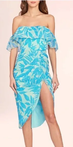 Amanda Uprichard Rosalinda Off-Shoulder Dress Tropical‎ Print Green Blue Size XS thumbnail 1
