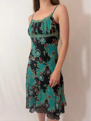 Blue Floral Paisley Mesh Fairy Sequin Silky Vintage Midi Dress thumbnail 4