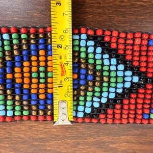 Vintage Seed Bead Geometric Diamond Wide Belt Red Stretch Wood Buckle 42in thumbnail 5