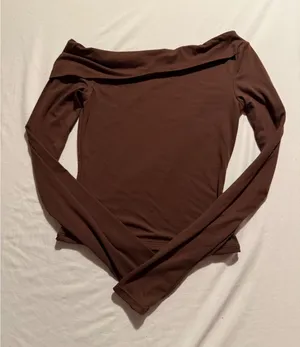 QINSEN Brown Off The Shoulder Long Sleeve Top Stretchy Bodycon Small thumbnail 1