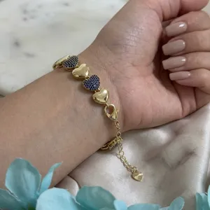 14K Gold Plated Womens Navy Blue Pave‎ Heart Link Adjustable Bracelet thumbnail 1