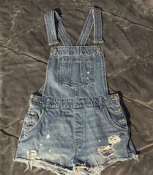 H&M Denim Distressed Short Overalls thumbnail 1