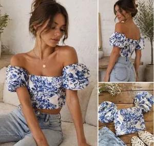 Abercrombie & Fitch Blue Floral Puff Sleeve Crop Top M Cottagecore Coquette thumbnail 2