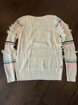 Loft Fringe Detail Cream Striped Women’s Sweater Size Small - C54-155 thumbnail 6