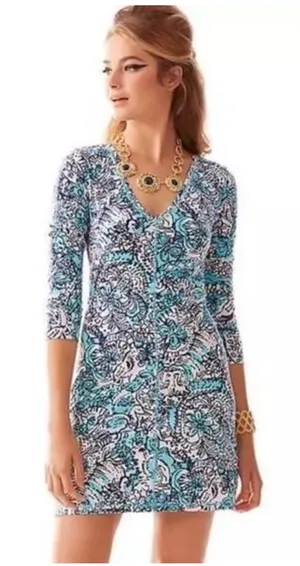 Lilly Pulitzer Juliet Dress Hippy Hippy Shake Womens Large V Neck Blue Black thumbnail 1