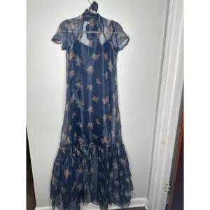 STAUD Botanical Navy Calluna Organza Mesh High Neckline Tie Back Gown size Small thumbnail 2