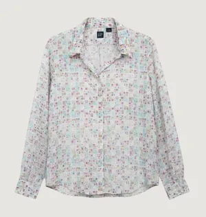 Gap Womens Stretch Button Down Shirt Long Sleeve Geometric Square Print Pink L thumbnail 1