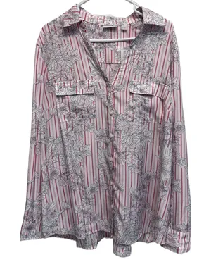 New York & Company Floral Striped Button Down Shirt Plus Size XXL thumbnail 1