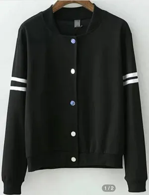 Women's Size Medium Stand Collar‎ Buttons Crop Coat Black White Long Sleeve Snap thumbnail 1