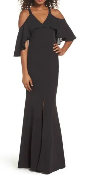 Jay By JAY GODFREY Black Flutter‎ Chiffon Overlay Cold Shoulder Naomi Gown Dress thumbnail 1
