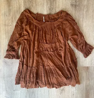 Free People Bea Mini Dress Rust Brown Boho Smocked Tiered Peasant XS thumbnail 1