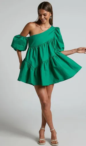 Showpo HARLEEN MINI DRESS Linen Asymmetrical Trim Puff Sleeve Dress In Green 10 thumbnail 1