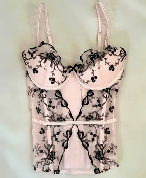Victoria's Secret Baby pink coquette ballerina corset top with black floral and bow embroidery and ruffle details thumbnail 4