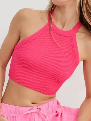 Aerie NEW! Superchill Seamless High Neck Bra Top Pink Ribbed thumbnail 1