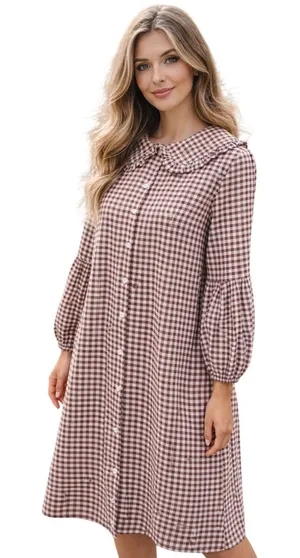 PrettyLittleThing Brown Gingham Peter Pan Collar‎ Ruffle Shirt Dress Size 8 thumbnail 1