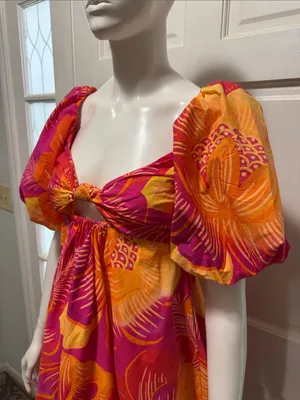 Farm Rio Summer Garden Puff Sleeve Cut Out Dress Womens Sz Small New $185 thumbnail 6
