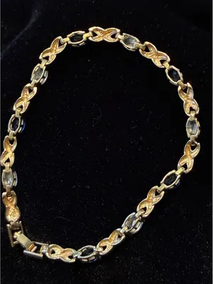 Vtg Gold-Tone Faux Sapphire & CZ Tennis Bracelet – Hugs & Kisses "X" Link 7.5” thumbnail 4