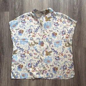 Joie Cream and Blue Floral Blouse Medium Button Down Satin Top thumbnail 3