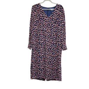 Boden Women's Size 12 Long Sleeve Midi Dress‎ Long Navy Pink Tulip Floral V-Neck thumbnail 2
