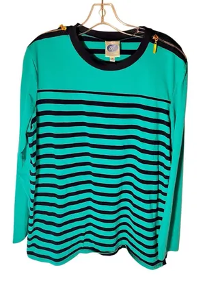 Diane Gilman DG2 Striped Long Sleeve Blue/Green W Gold Zipper Shoulder Accent XL thumbnail 1