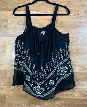 Cecico Sheer Tank Blouse w/Embroidery and a keyhole front tie Black thumbnail 1