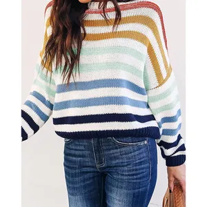 Long Sleeve Striped Color Block Casual Loose Knitted Pullover Sweater Top Medium thumbnail 2