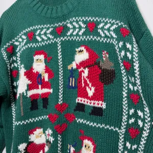 VTG 80s Women Sweater Large Green Santa Claus Holiday Christmas Knit Retro Heart thumbnail 3