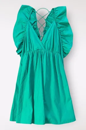 Umgee‎ Kelly Green Tiered Ruffled Corset Back Mini Dress Preppy Casual Size L thumbnail 1