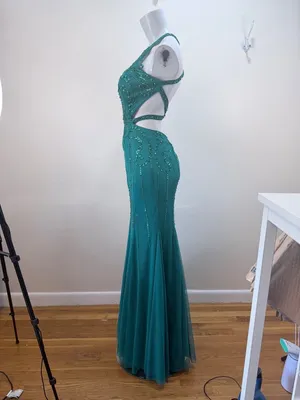 Y2K Sean Collection Beaded Teal Green Cutout Mermaid Trumpet Gown Sz 6 thumbnail 14