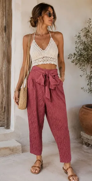 Anthropologie Ett:twa Jacquard Tie Waist Crop‎ Ankle Pants Dusty Rose 6 thumbnail 1